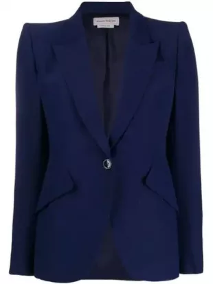 Leaf Crepe Single Breast Blazer Jacket In Blue