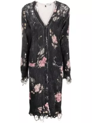 Floral Print Distressed Mid-length Cardigan