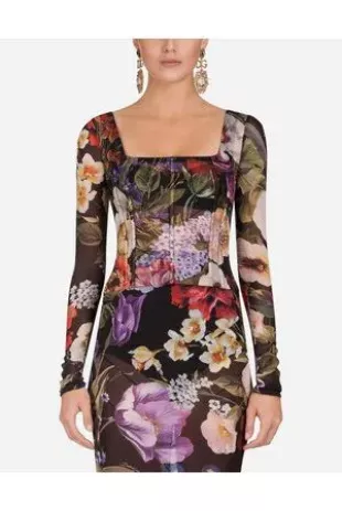 Floral-Print Silk Bustier Top