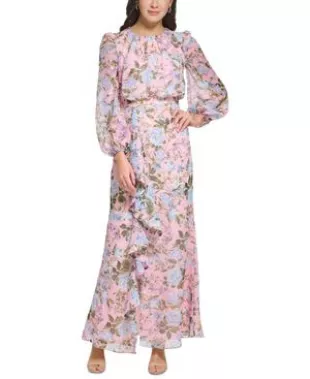 ELIZA J - Floral Print Chiffon Cascade Maxi Dress