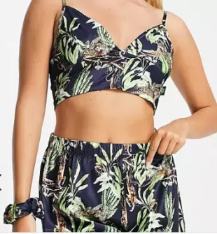Premium Satin Cami and Short Set with Eyemask and Scrunchie in Navy jungle Print-Black