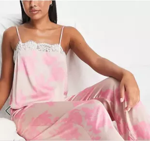floral Satin and Lace Pajama Set in Bright Pink