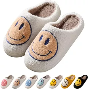 Choismin Smiley Face Slippers for Women, Retro Soft Plush Warm Slip-on Slippers, Happy Face Slippers Slip On Anti-Skid Sole House Slippers Cozy Indoor Outdoor Slippers with Memory Foam for Men Women