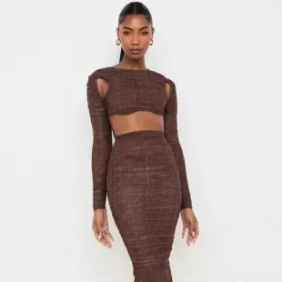Blythe Brown Chocolate Animal Print Ruched Mesh Cutout Cropped Top
