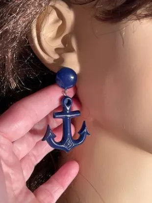 Vintage Blue Plastic Anchors Dangle Earrings/Long Art Deco Clip On Vintage Hanging 80S Earrings