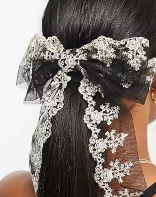 Bow Hair Clip In Black With Cream Lace-Blue