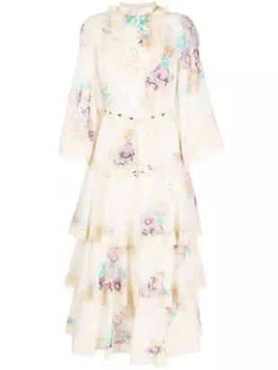 Floral-print Tiered Dress In Weiss