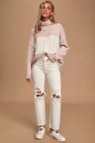 Comfy Nights Blush Color Block Cable Knit Turtleneck Sweater
