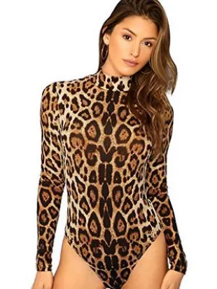 Women's Leopard Print Turtleneck Long Sleeve Bodysuits Jumpsuits Stretchy Romper Leopard L.