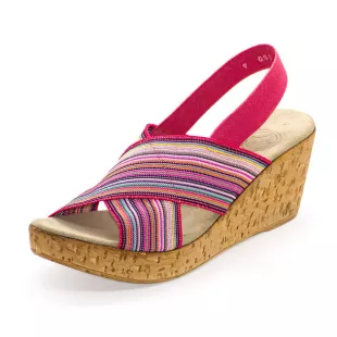 Charleston Shoe Co. - Stretch Wedge Sandals in Coral Multi-Stripe