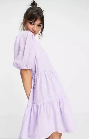 Mini Smock Dress with Short Puff Sleeves in Lilac