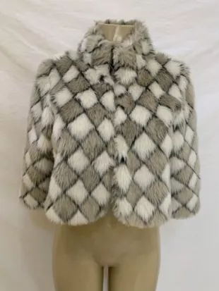 Grey Cropped Diamond Pattern Faux Fur Coat