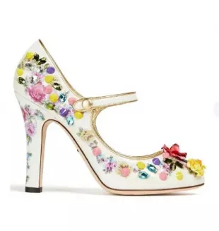 Embellished Floral-Print Patent-Leather Mary Jane Pumps