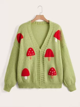 Ezwear Plus Mushroom Pattern Drop Shoulder Cardigan