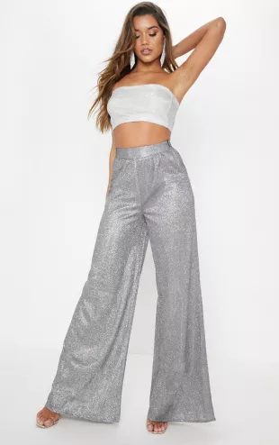 Pretty Little Thing - Silver Glitter High Waist Wide Leg Pants