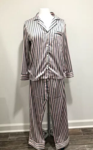 serenedelicacy - Gray/Pink Stripe Silky Satin Pajama Set