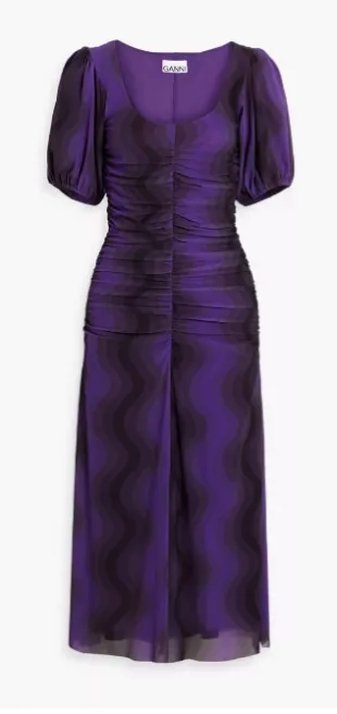 Ruched Printed Stretch Mesh Midi Dress