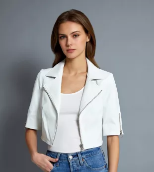Short Sleeve Cropped Moto - White Leather