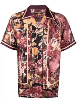 Perry Ellis short-sleeved open-collar silk box shirt, men's size XL silk beige type brown Vintage Second Hand