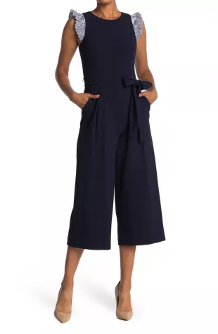 Creola Spot Wrap Around Jumpsuit with Capped Sleeves, Wide Leg - Navy Blue