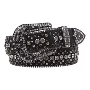 Snap On Rhinestone and Gun Metal Color Circle Studded Leather Belt, Black