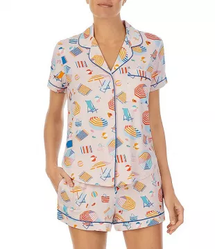 Short Sleeve Notch Collar Button Front Shorty Pajama Set