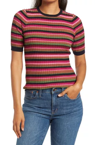 Trina Turk Shadows Stripe Sweater worn by Rebecca Jarvis as seen