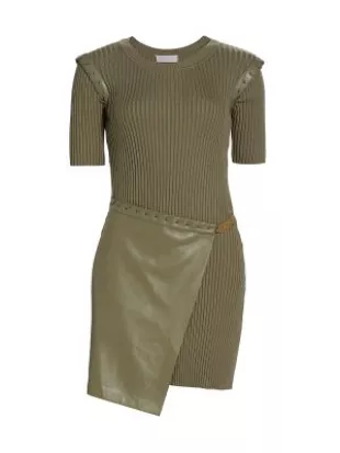 Gianina Rib-Knit & Vegan Leather Combo Minidress