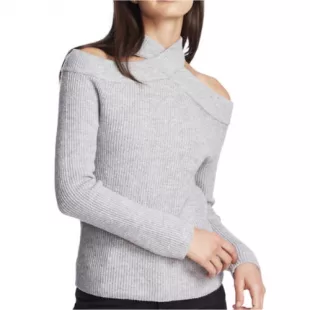Cross Neck Cold Shoulder Cotton Blend Sweater