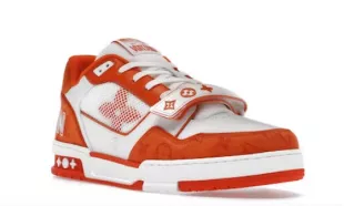 Louis Vuitton - White & Orange Strap LV Trainer Sneakers