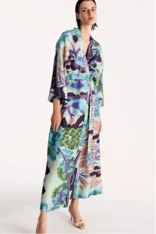 Kimono Silk Robe In Floral Blue