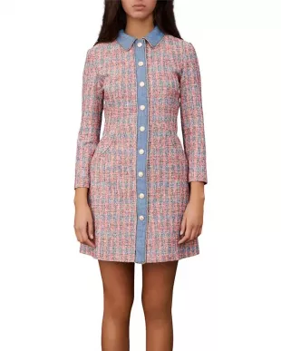 Renise Chambray Trim Tweed Shirt Dress