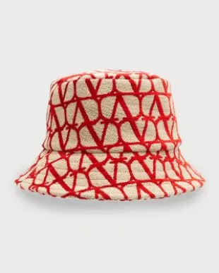Beige & Allover Red Logo Bucket Hat