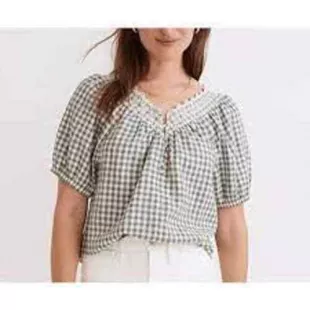 Embroidered Linen Blend Swing Top Gingham Check Puff Sleeve Green Small