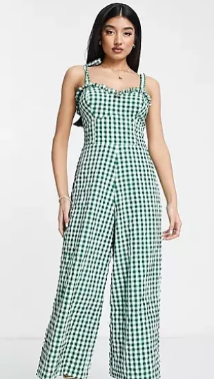 Sweetheart Neck Jumpsuit with Tie Shoulder in Stone Gingham-Multi