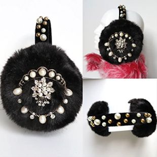 black embellished earmuffs with pearl inspired by Scream Queens faux fur fall winter hair accessory bling ear warmers inspired by Chanel #3 OOAK gift for her