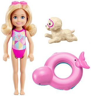 Barbie Famille Mini-Poupée blonde Chelsea et sa Bouée Magique avec Figurine Chien, Jouet pour Enfant, FCJ28