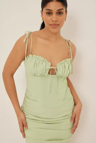 Corset Detail Tie Front Mini Dress Green