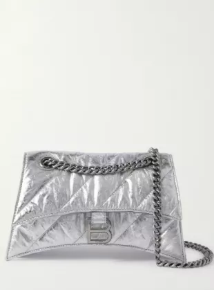 Hourglass Quilted Metallic Crinkled-Leather Shoulder Bag