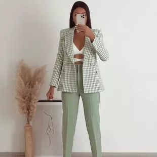Double Breasted Houndstooth Blazer in Sea Green