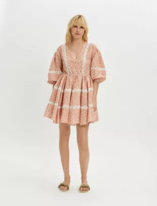 Lace-Trimmed Gathered Floral-Print Voile Mini Dress