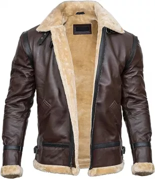 SHAZMEEN - SHAZMEEN Mens Brown Bomber Leather Jacket - Faux Shearling ...