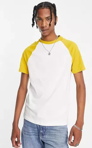 ASOS DESIGN - T-Shirt in White with Mustard Contrast Sleeve
