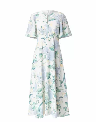 Gardenia Cream and Blue Floral Silk Dress
