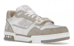 Louis Vuitton White & Beige Strap LV Trainer Sneakers worn by