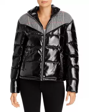Plaid-Panel Faux Patent Leather Puffer Jacket