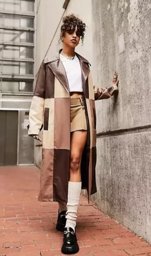 Patched Faux Leather Trench Coat