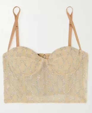 Cropped Crystal Embellished Stretch Tulle Bustier Top