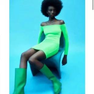 Zara - Neon Green Off the Shoulder Mini Bodycon Dress