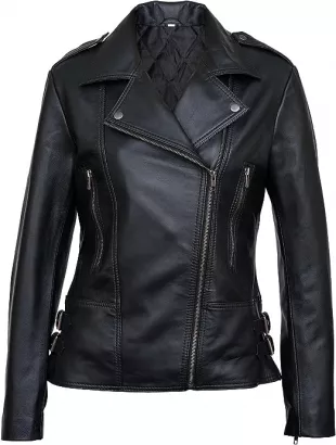 rabbaniz - Women's Real Leather Classic Asymmetrical Motorcycle Black ...